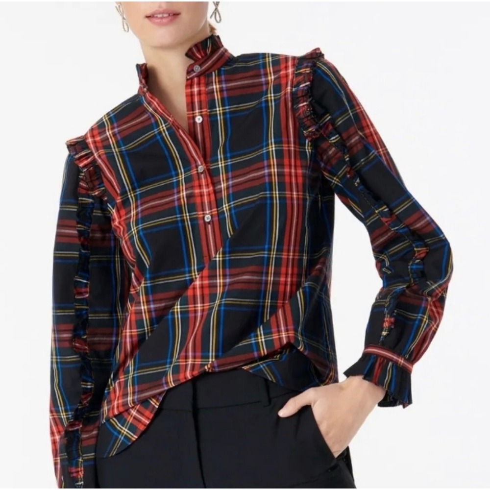 J.Crew Womens Medium Ruffle Trim Popover Shirt Stewart Plaid Tartan Cotton Top